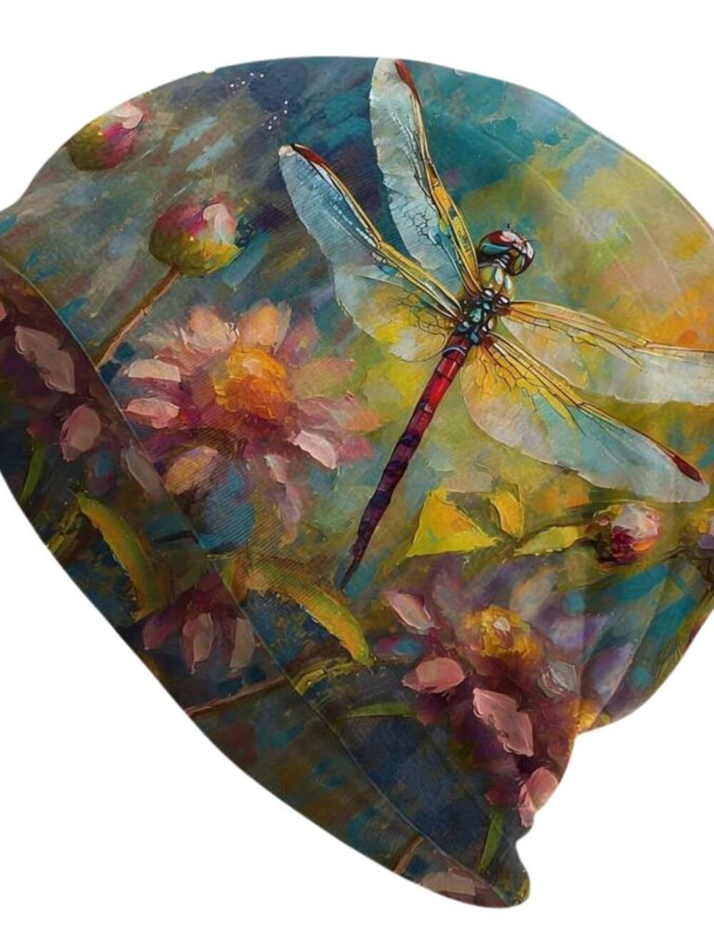 Women's Dragonfly Slouchy Beanie Artistic Oil Painting Floral Print Skull Cap